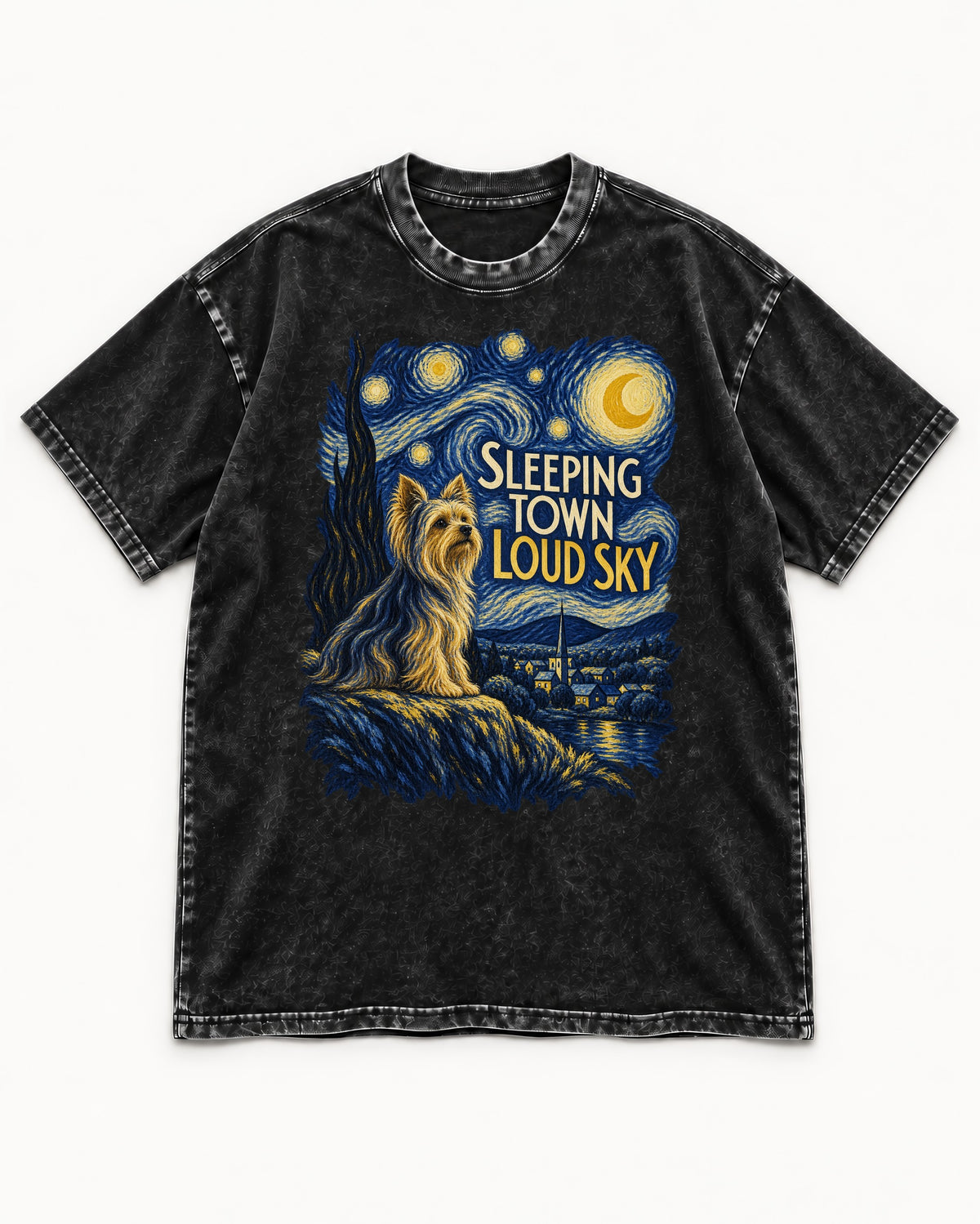 Yorkshire Terrier Sleeping Town Loud Sky Starry Night Graphic Washed Tee in Black, flat lay product photo