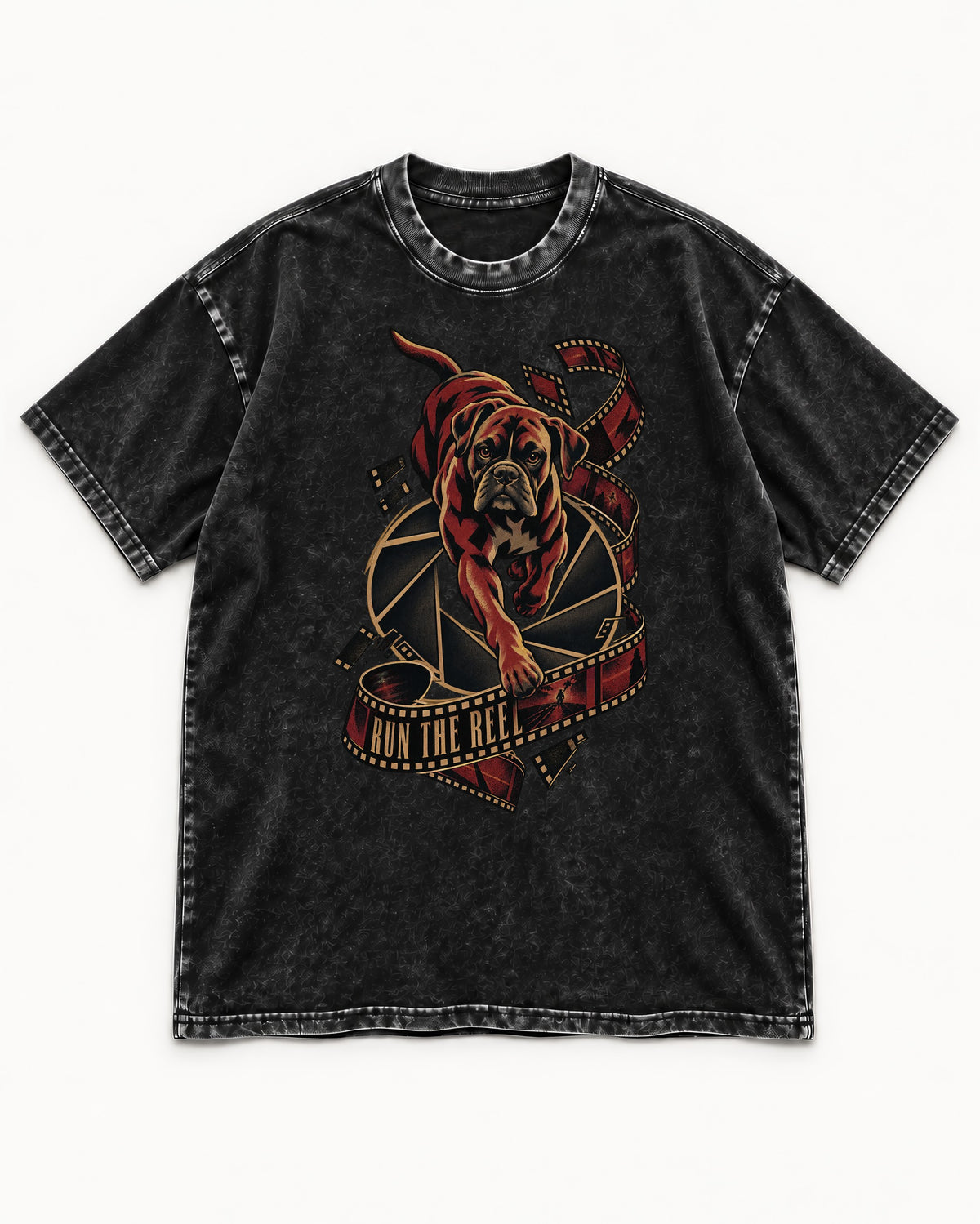 Run the Reel Boxer Film Graphic Washed Tee in Black, flat lay product photo