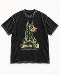 Doberman Carried High Portrait Graphic Washed Tee in Black, flat lay product photo