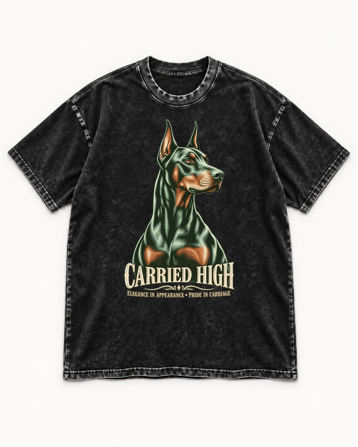 Doberman Carried High Portrait Graphic Washed Tee in Black, flat lay product photo