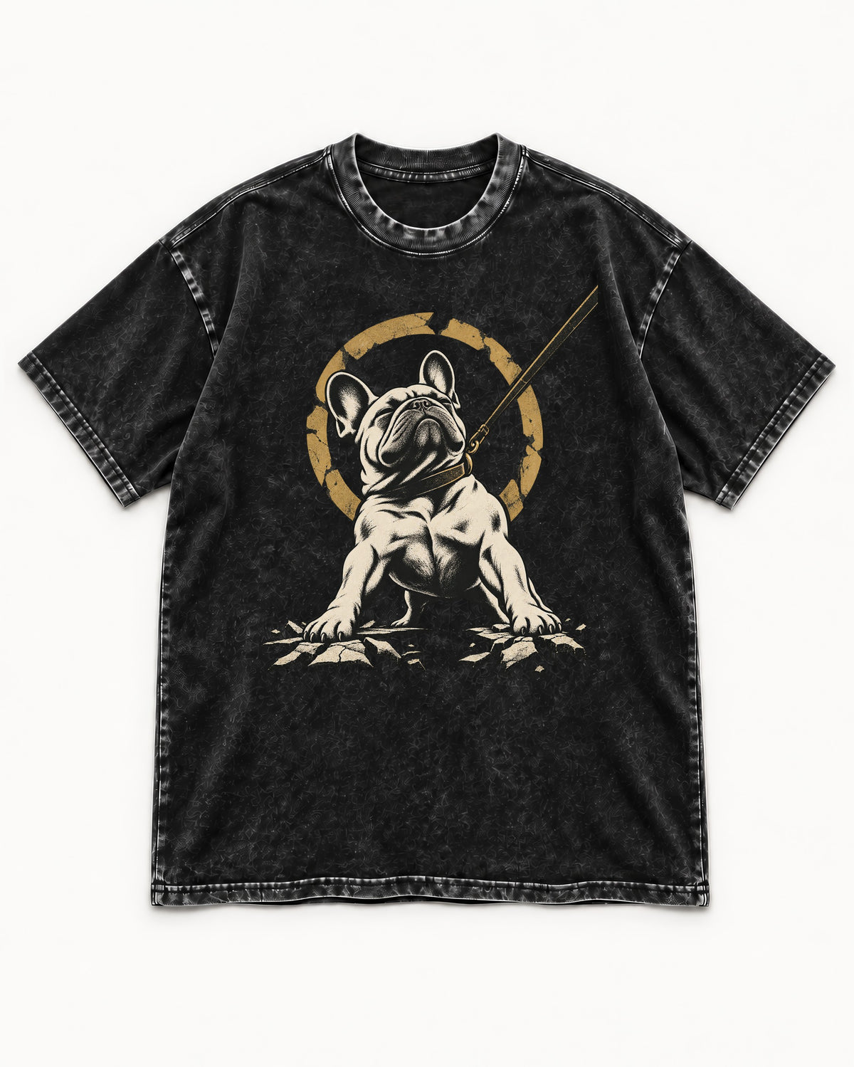 Frenchie Stubborn Leash Monument Graphic Washed Tee in Black, flat lay product photo