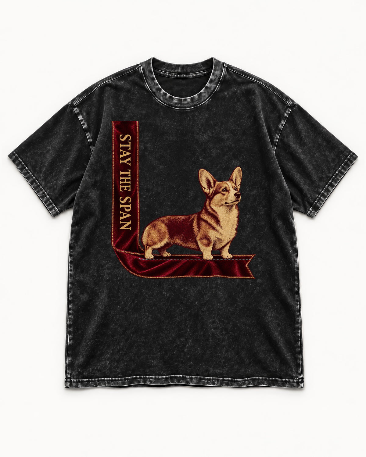 Corgi Stay the Span Ribbon Washed Tee in Black, flat lay product photo