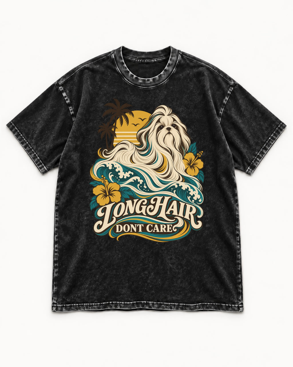 Shih Tzu Long Hair Don't Care Tropical Wave Graphic Washed Tee in Black, flat lay product photo