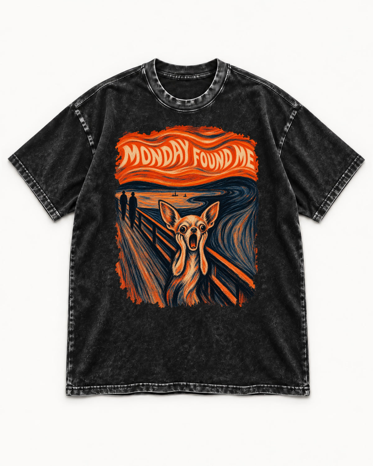 Monday Found Me Chihuahua Scream Banner Washed Tee in Black, flat lay product photo