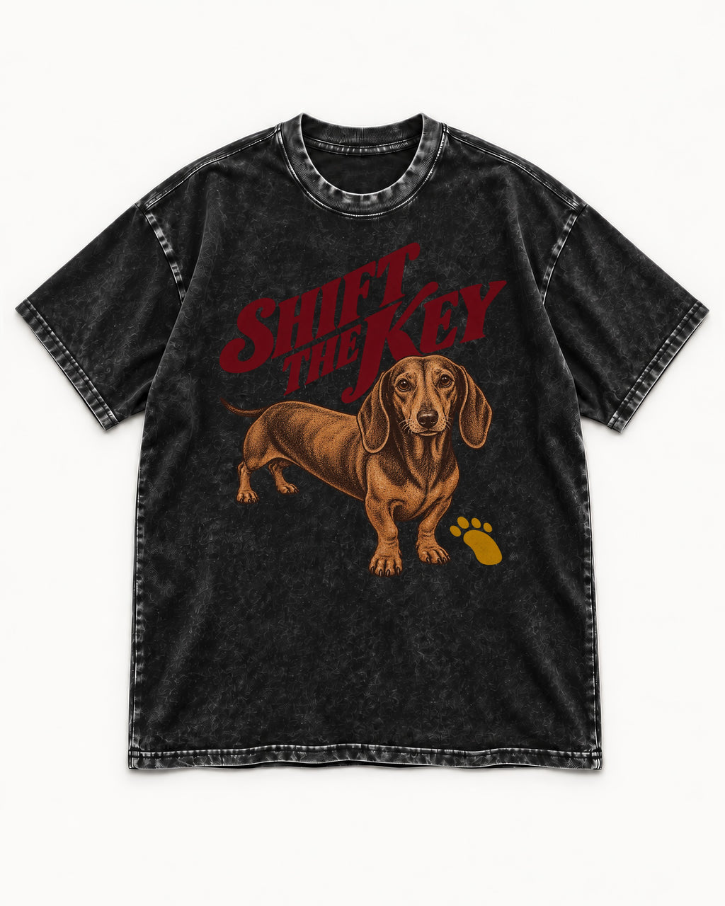 Dachshund Shift The Key Pawprint Graphic Washed Tee in Black, flat lay product photo