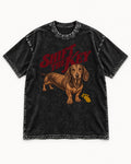 Dachshund Shift The Key Pawprint Graphic Washed Tee in Black, flat lay product photo
