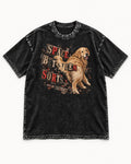Golden Retriever Space Between Sorts Letterpress Graphic Washed Tee in Black, flat lay product photo