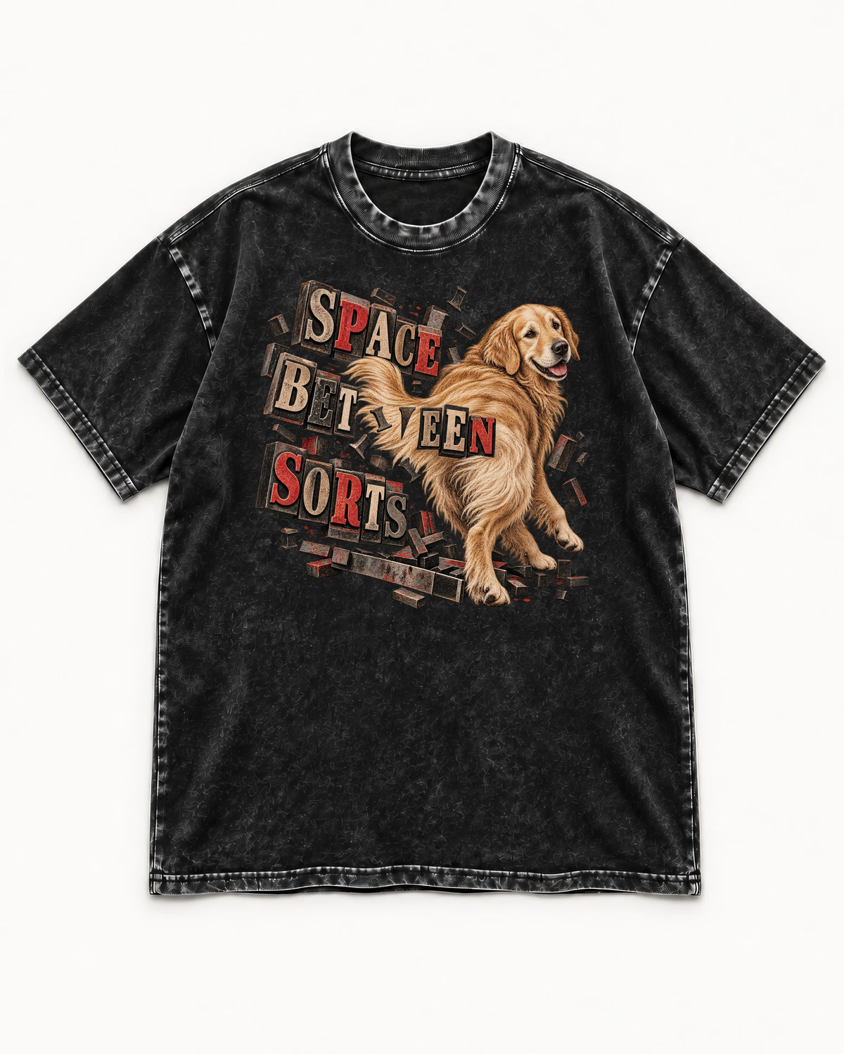 Golden Retriever Space Between Sorts Letterpress Graphic Washed Tee in Black, flat lay product photo