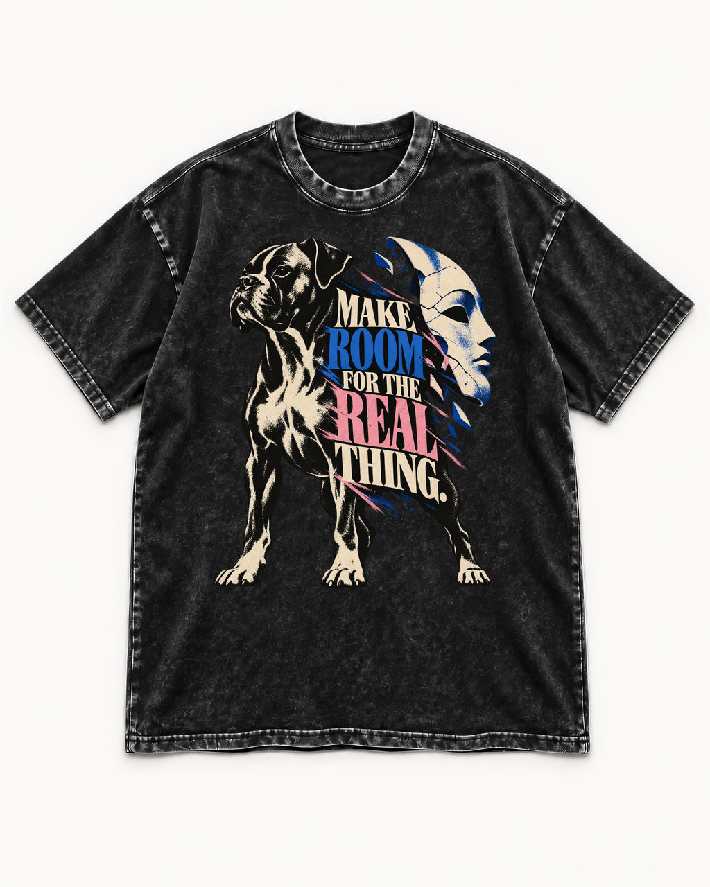 Make Room for the Real Thing Boxer Broken Mask Graphic Washed Tee in Black, flat lay product photo