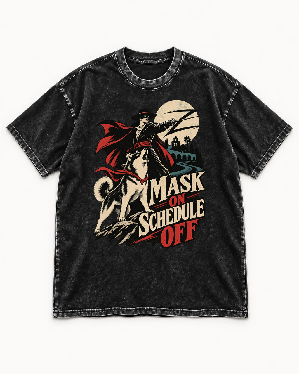 Husky Mask On Schedule Off Masked Swordsman Graphic Washed Tee in Black, flat lay product photo