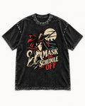 Husky Mask On Schedule Off Masked Swordsman Graphic Washed Tee in Black, flat lay product photo