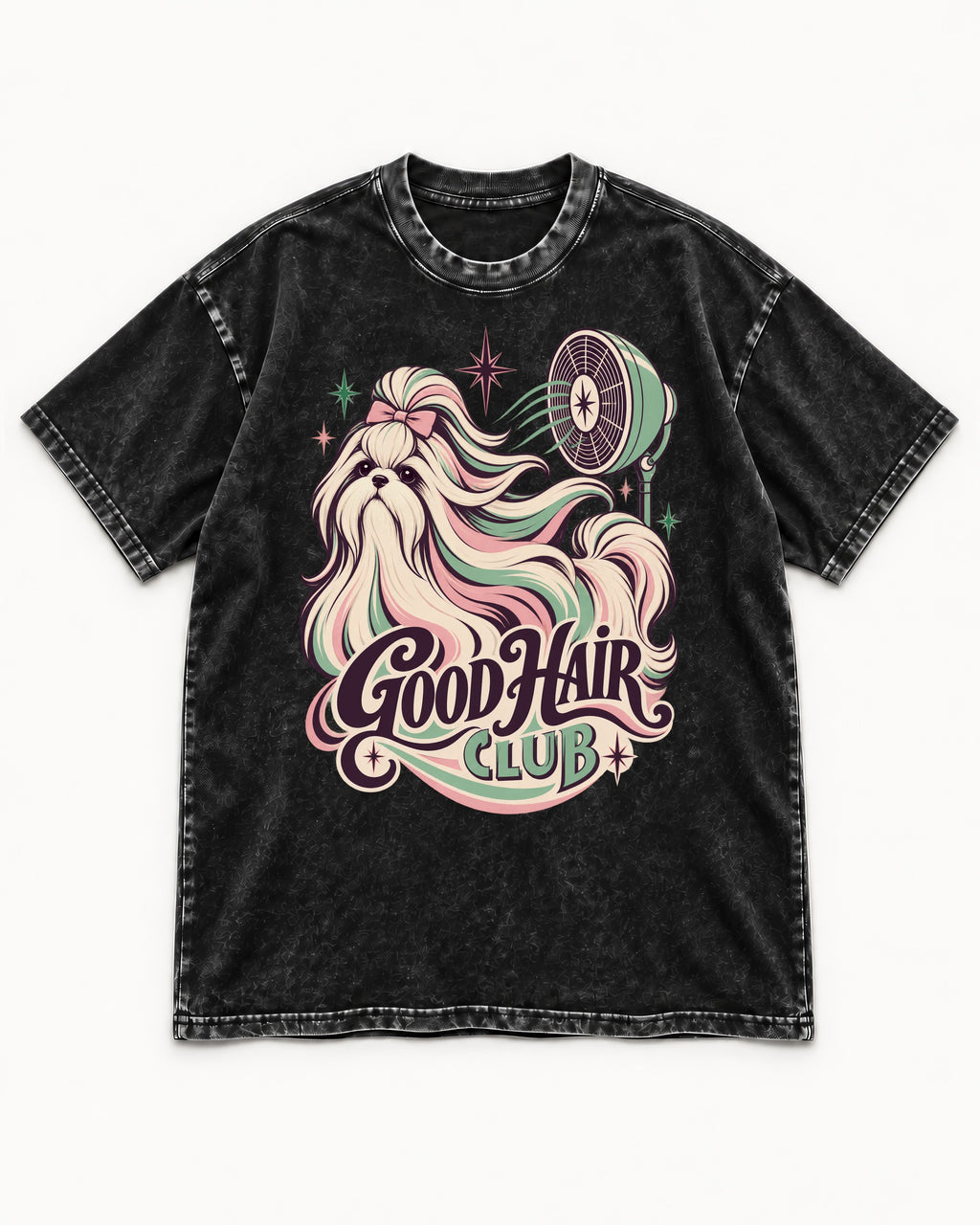 Shih Tzu Good Hair Club Salon Fan Graphic Washed Tee in Black, flat lay product photo