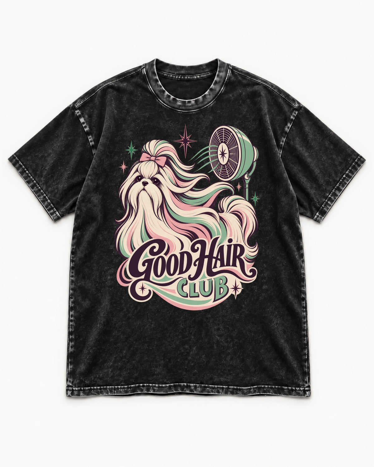 Shih Tzu Good Hair Club Salon Fan Graphic Washed Tee in Black, flat lay product photo