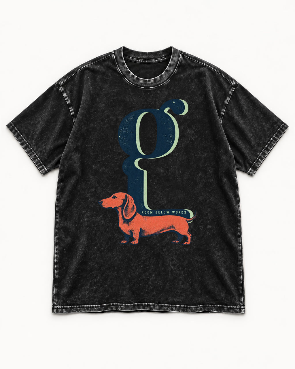 Dachshund Room Below Words Lowercase G Graphic Washed Tee in Black, flat lay product photo