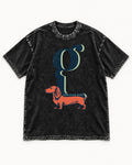 Dachshund Room Below Words Lowercase G Graphic Washed Tee in Black, flat lay product photo