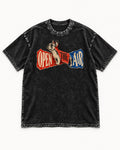 Frenchie Open the Air Torn Poster Graphic Washed Tee in Black, flat lay product photo