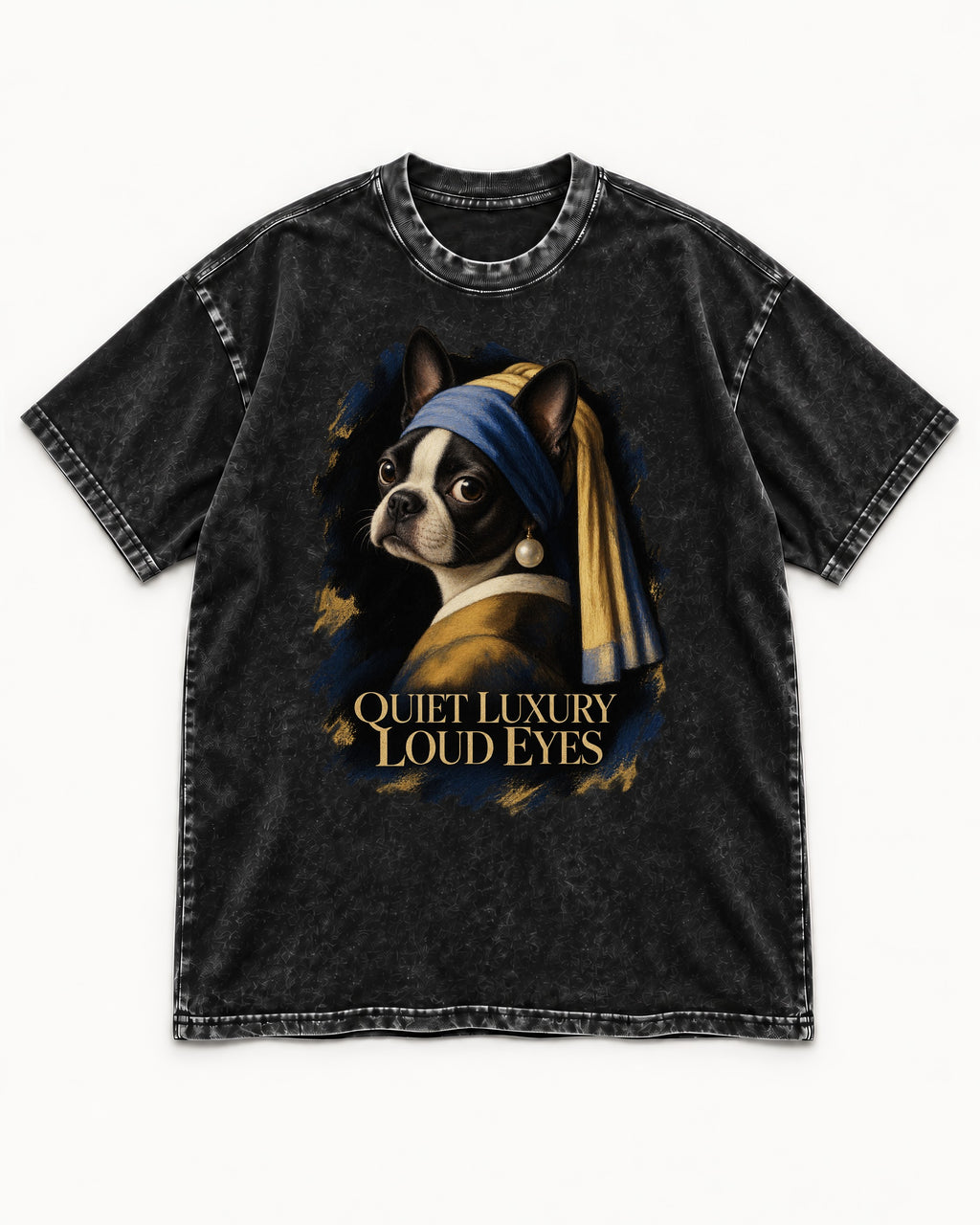 Quiet Luxury Loud Eyes Boston Terrier Pearl Portrait Washed Tee in Black, flat lay product photo