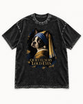 Quiet Luxury Loud Eyes Boston Terrier Pearl Portrait Washed Tee in Black, flat lay product photo