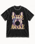 Frenchie Wide Awake Yawn Graphic Washed Tee in Black, flat lay product photo