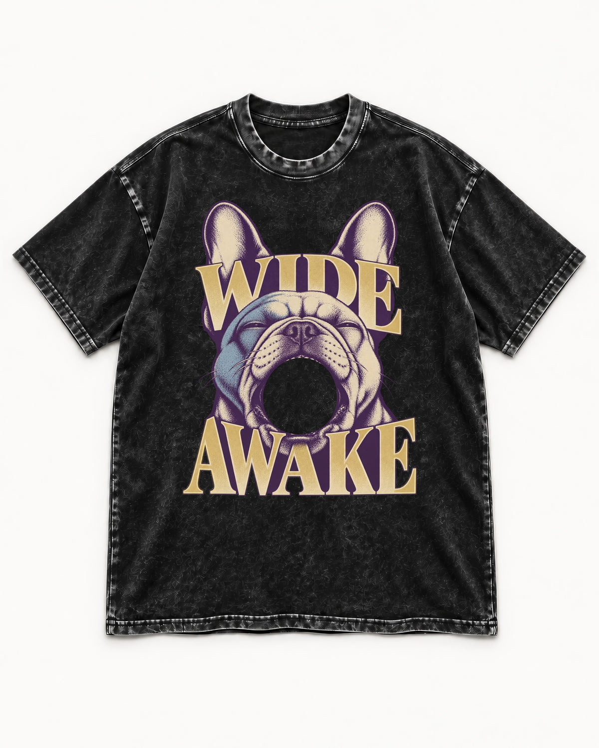 Frenchie Wide Awake Yawn Graphic Washed Tee in Black, flat lay product photo