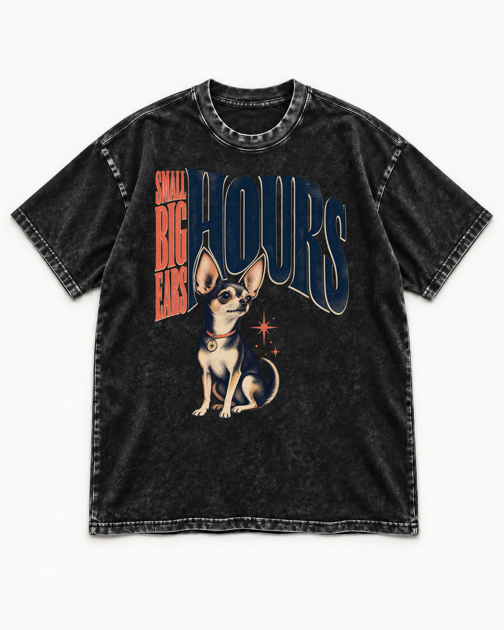 Chihuahua Small Big Ears Hours Washed Tee in Black, flat lay product photo