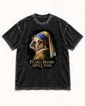 English Bulldog Pearls Before Small Talk Portrait Washed Tee in Black, flat lay product photo