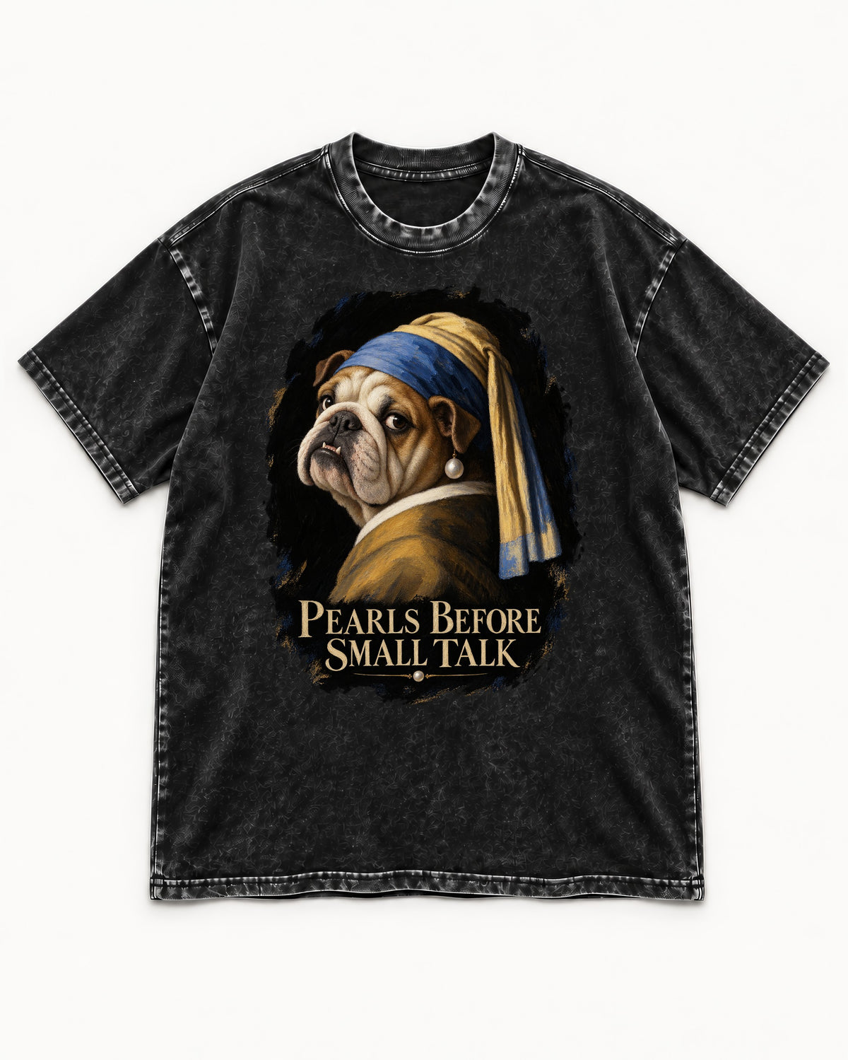English Bulldog Pearls Before Small Talk Portrait Washed Tee in Black, flat lay product photo