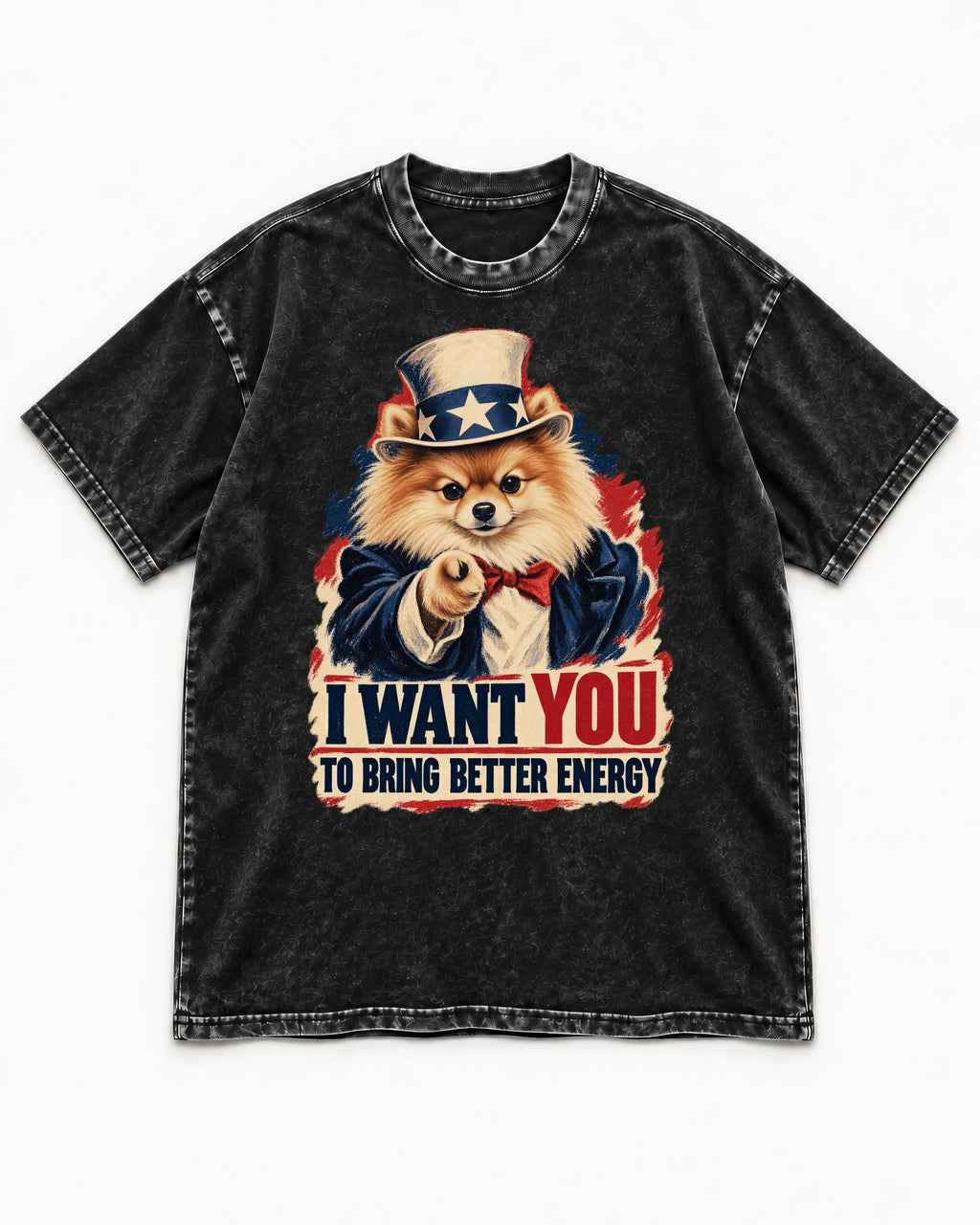 Pomeranian I Want You to Bring Better Energy Uncle Sam Graphic Washed Tee in Black, flat lay product photo