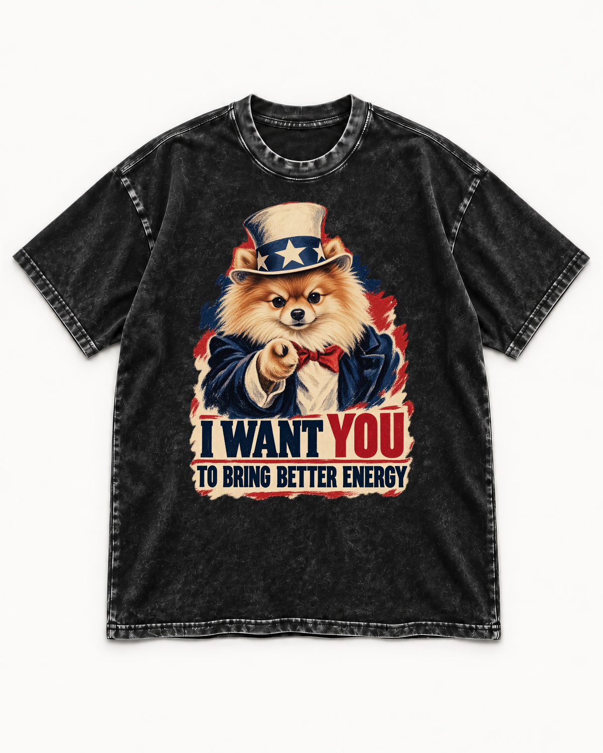 Pomeranian I Want You to Bring Better Energy Uncle Sam Graphic Washed Tee in Black, flat lay product photo
