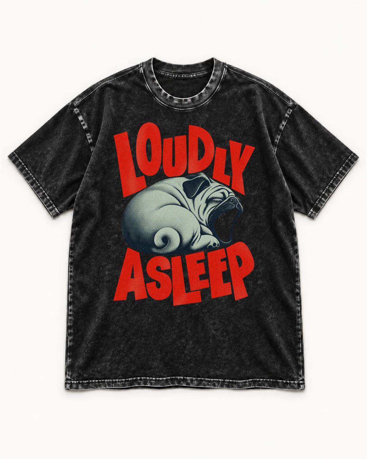 Pug Loudly Asleep Curled Yawn Graphic Washed Tee in Black, flat lay product photo