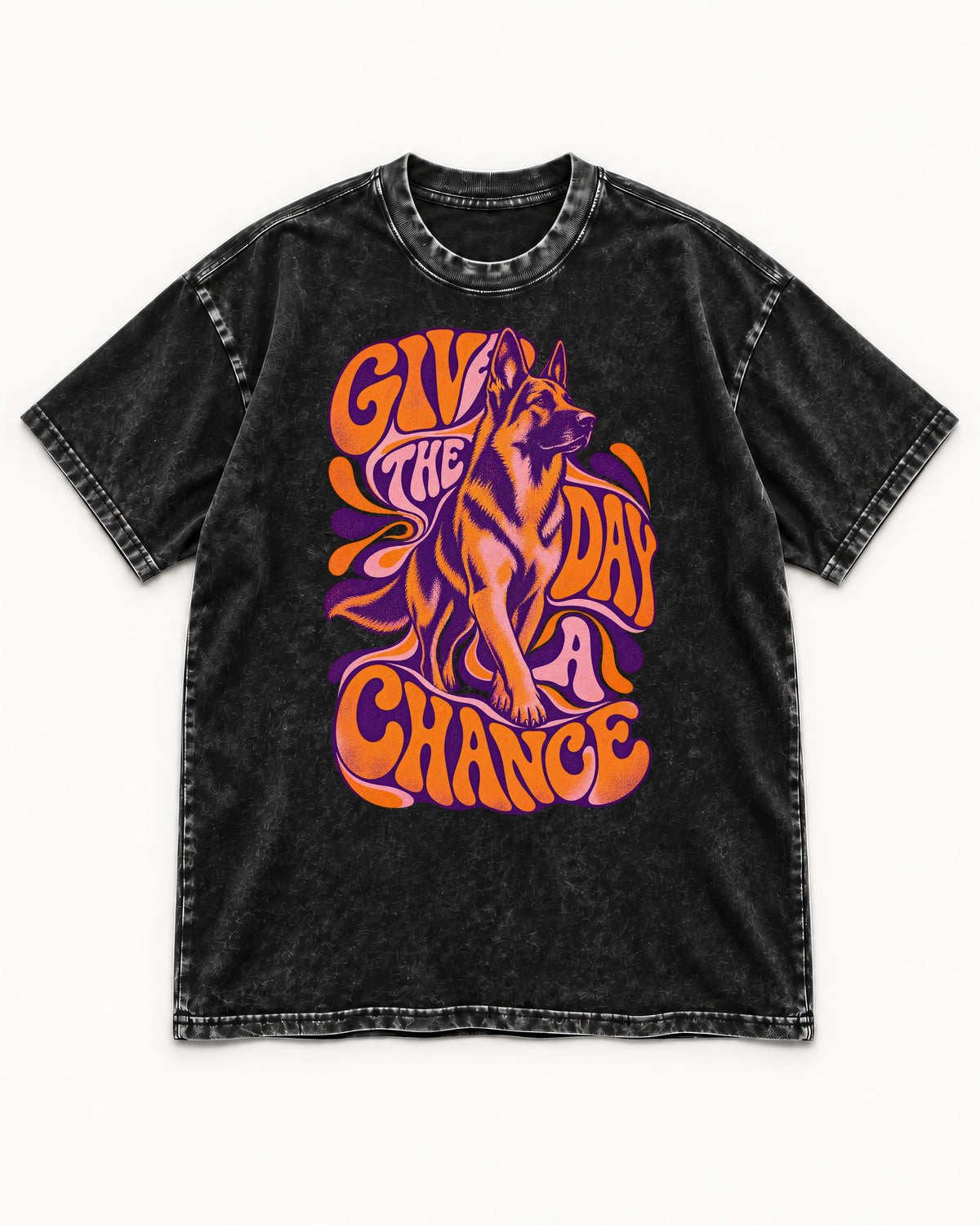 Give The Day A Chance Psychedelic German Shepherd Dog Graphic Washed Tee in Black, flat lay product photo