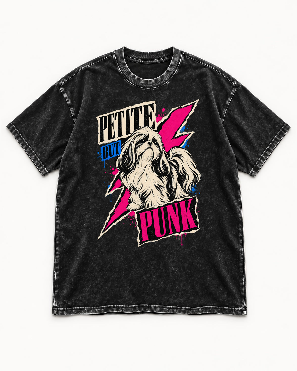 Shih Tzu Petite but Punk Lightning Graphic Washed Tee in Black, flat lay product photo