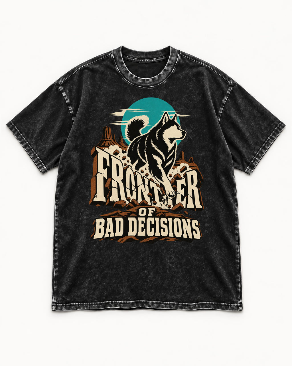Husky Frontier of Bad Decisions Desert Graphic Washed Tee in Black, flat lay product photo