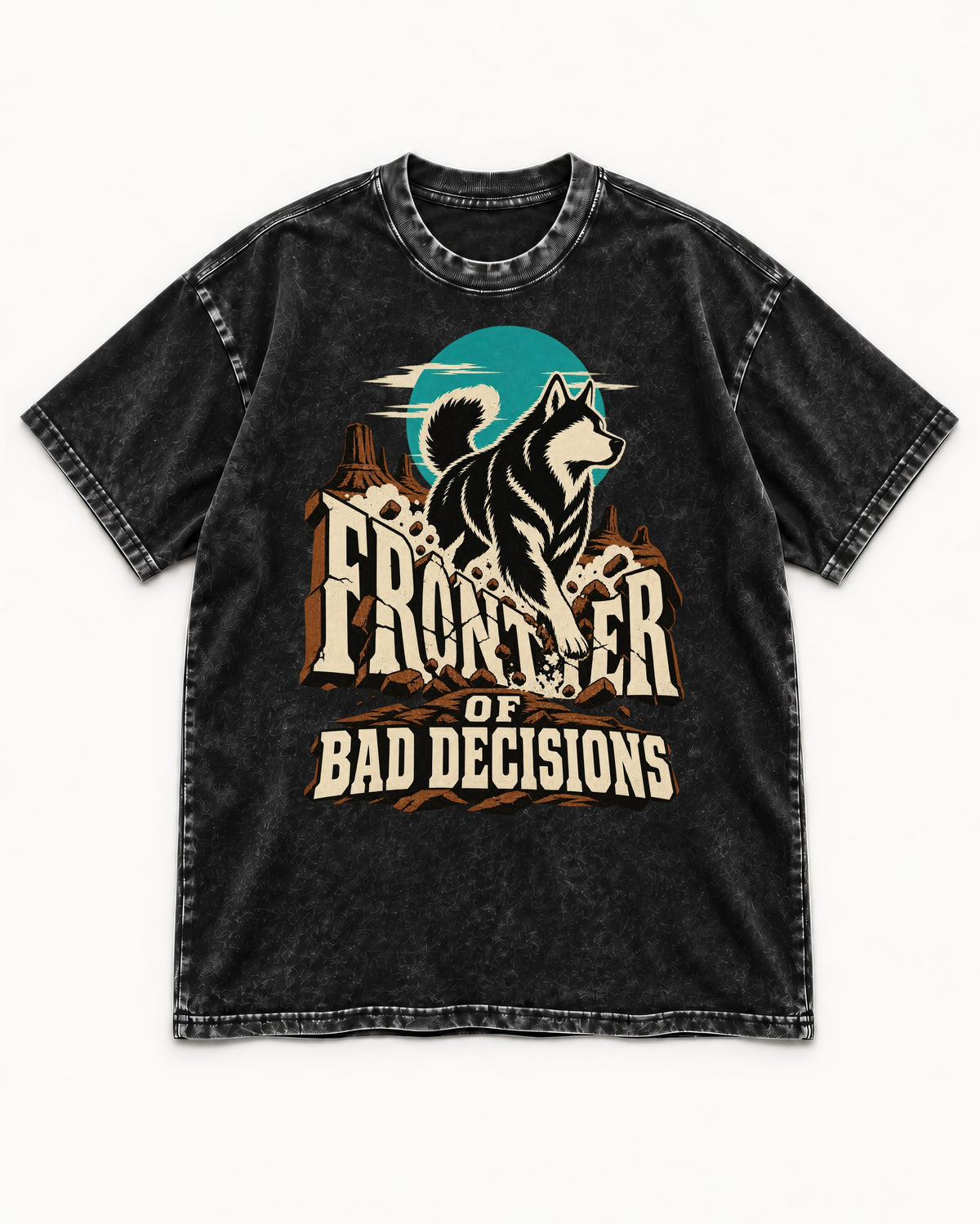 Husky Frontier of Bad Decisions Desert Graphic Washed Tee in Black, flat lay product photo