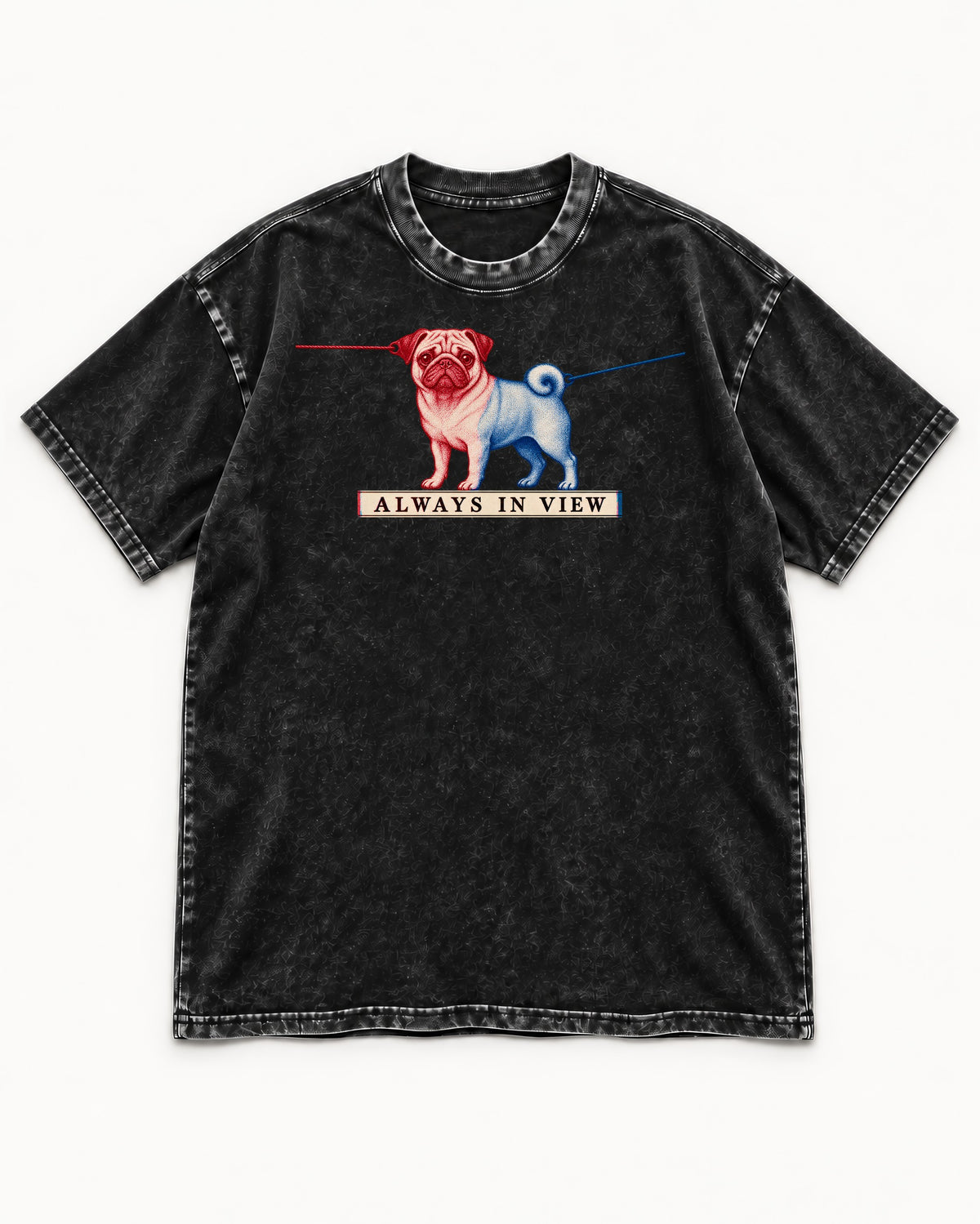 Pug Always in View Split Leash Graphic Washed Tee in Black, flat lay product photo
