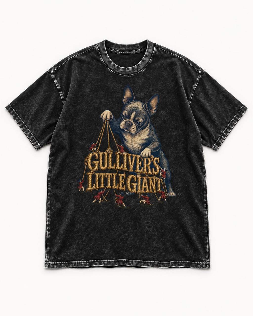 Boston Terrier Gulliver’s Little Giant Washed Tee in Black, flat lay product photo