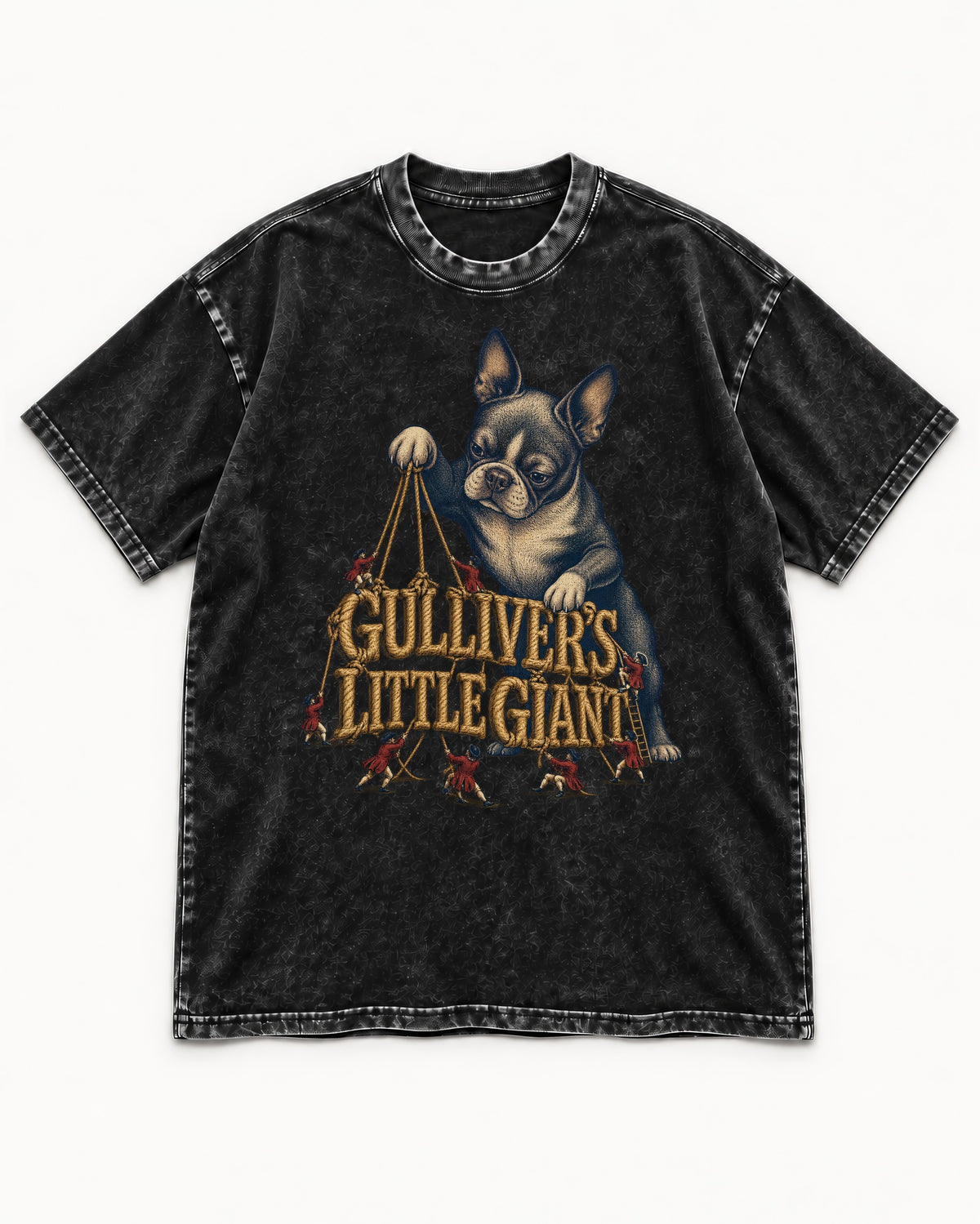 Boston Terrier Gulliver’s Little Giant Washed Tee in Black, flat lay product photo