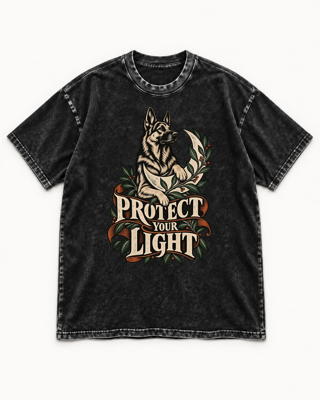 Protect Your Light Moon Botanical German Shepherd Dog Graphic Washed Tee in Black, flat lay product photo