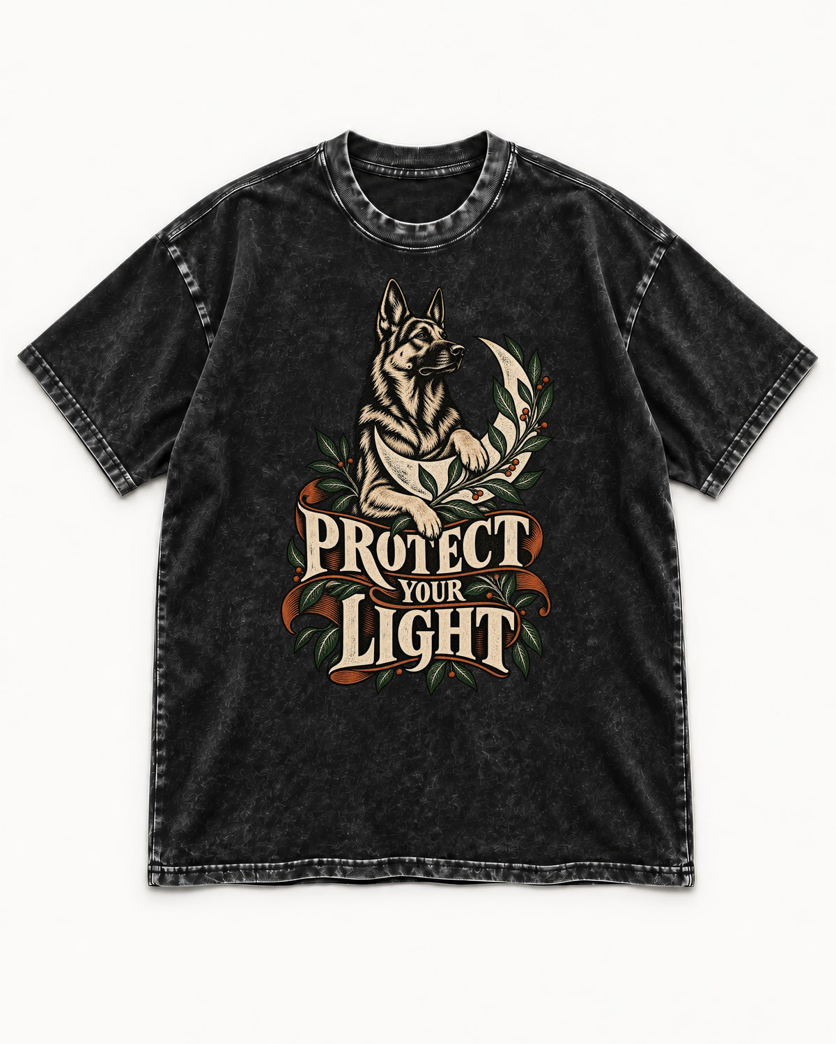 Protect Your Light Moon Botanical German Shepherd Dog Graphic Washed Tee in Black, flat lay product photo