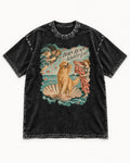 Born Ready Slightly Late Venus Golden Retriever Graphic Washed Tee in Black, flat lay product photo