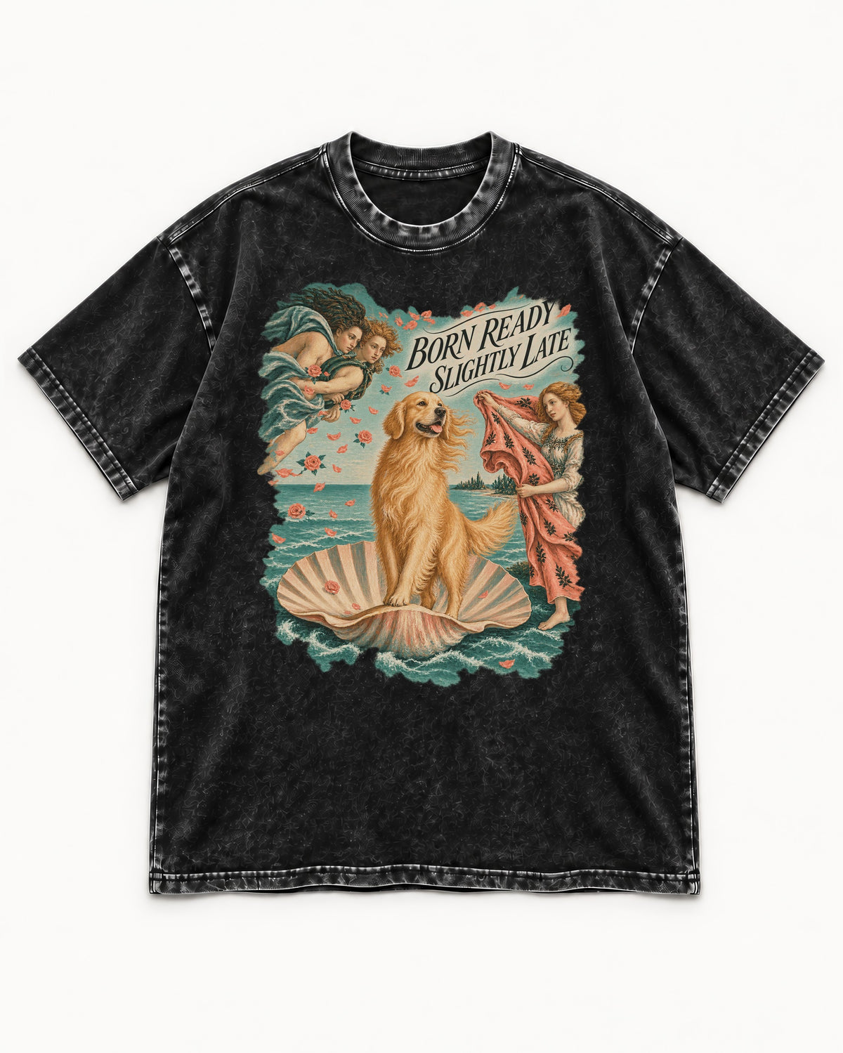 Born Ready Slightly Late Venus Golden Retriever Graphic Washed Tee in Black, flat lay product photo