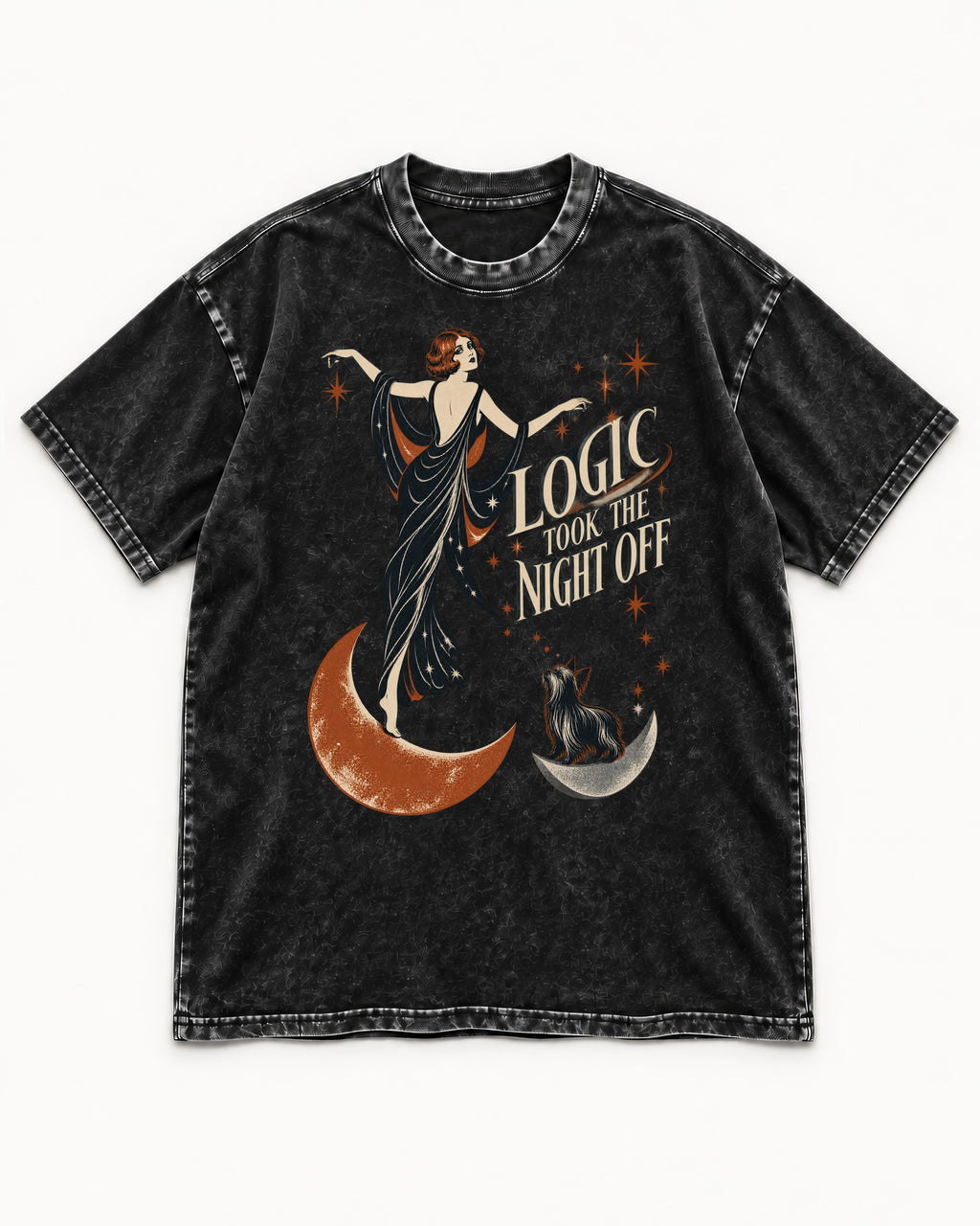 Yorkshire Terrier Logic Took the Night Off Art Deco Graphic Washed Tee in Black, flat lay product photo