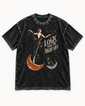 Yorkshire Terrier Logic Took the Night Off Art Deco Graphic Washed Tee in Black, flat lay product photo