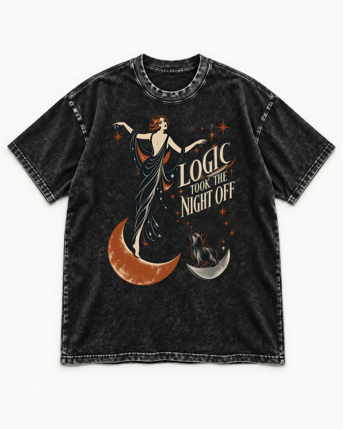 Yorkshire Terrier Logic Took the Night Off Art Deco Graphic Washed Tee in Black, flat lay product photo