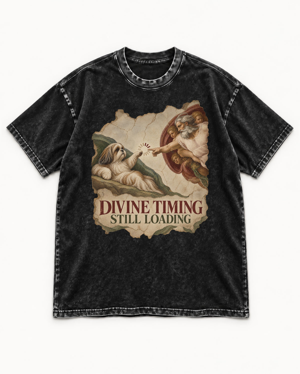 Shih Tzu Divine Timing Still Loading Renaissance Parody Graphic Washed Tee in Black, flat lay product photo