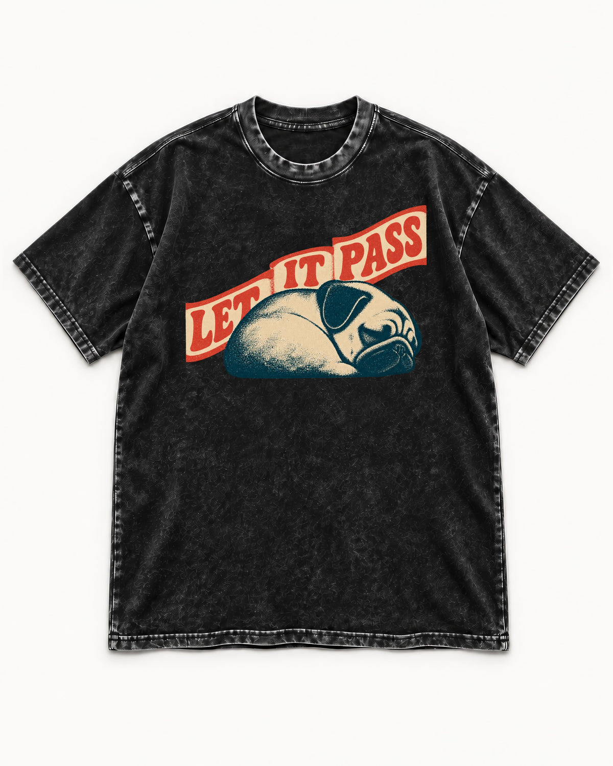 Pug Let It Pass Sleeping Banner Graphic Washed Tee in Black, flat lay product photo