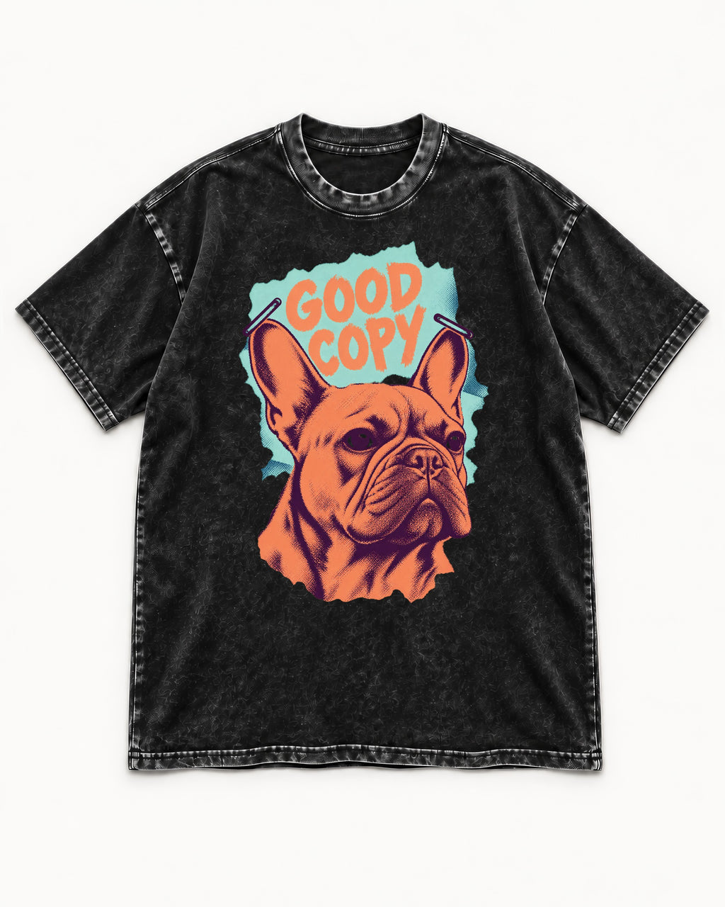 Frenchie Good Copy Stapled Zine Graphic Washed Tee in Black, flat lay product photo