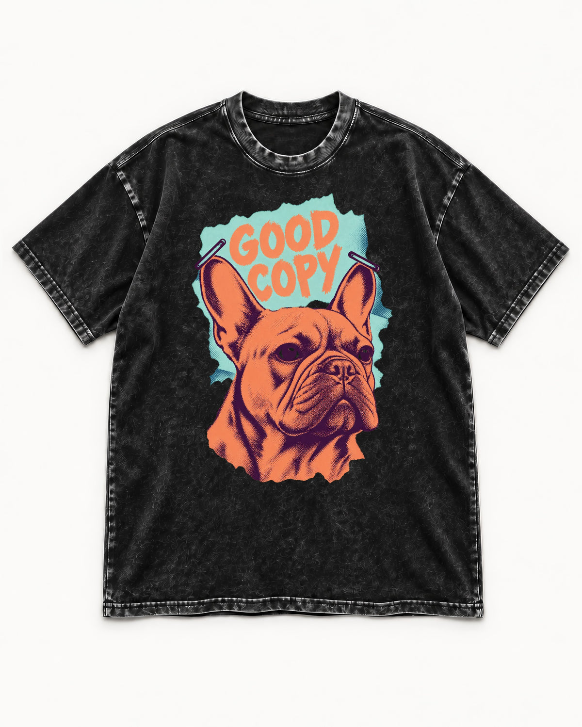Frenchie Good Copy Stapled Zine Graphic Washed Tee in Black, flat lay product photo