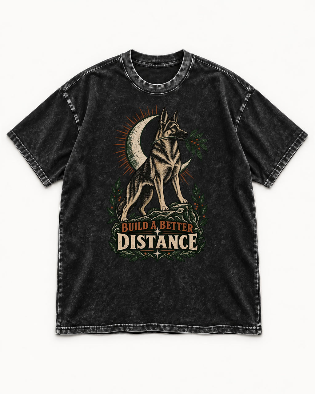 Build A Better Distance Moon Woodcut German Shepherd Dog Graphic Washed Tee in Black, flat lay product photo