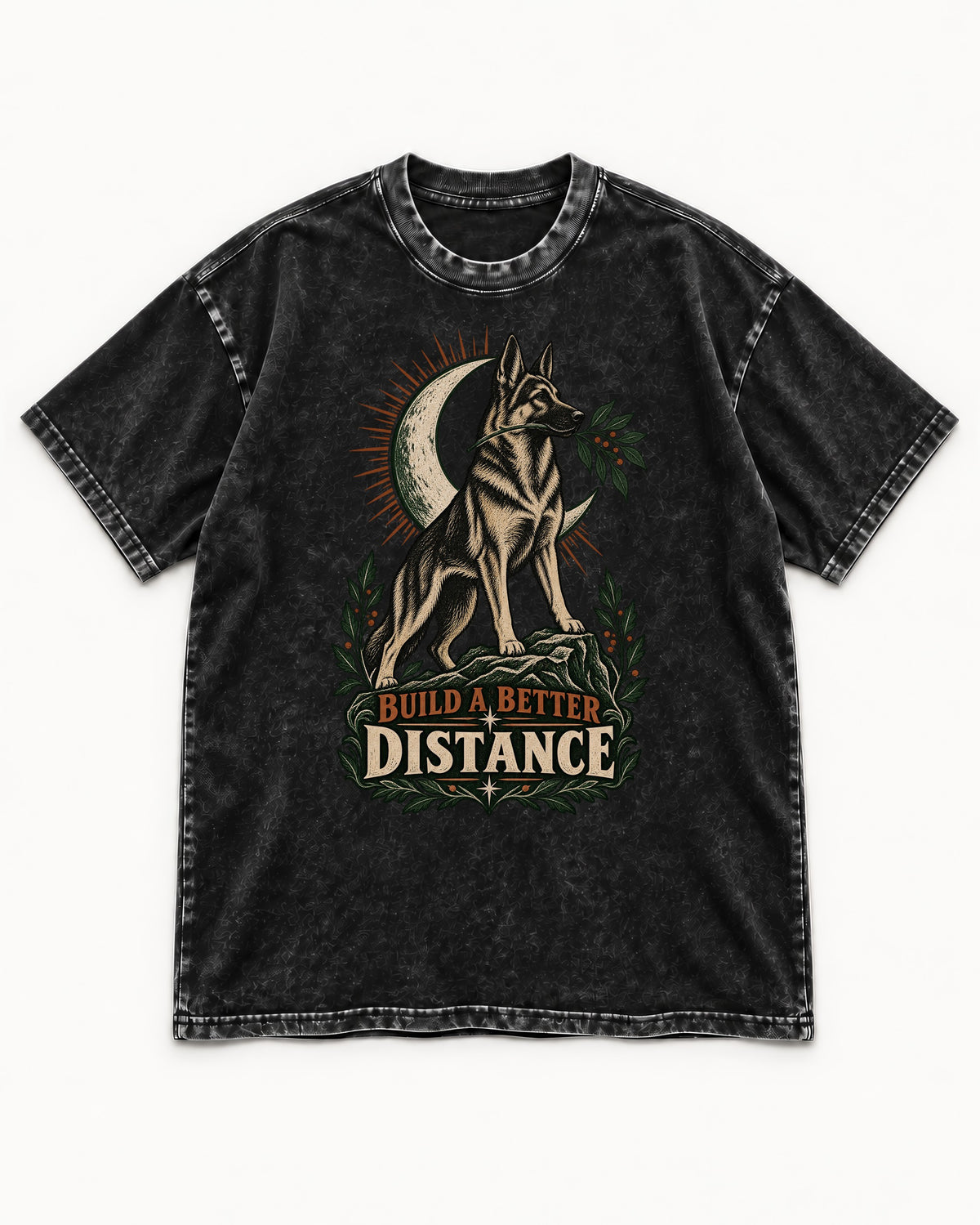 Build A Better Distance Moon Woodcut German Shepherd Dog Graphic Washed Tee in Black, flat lay product photo